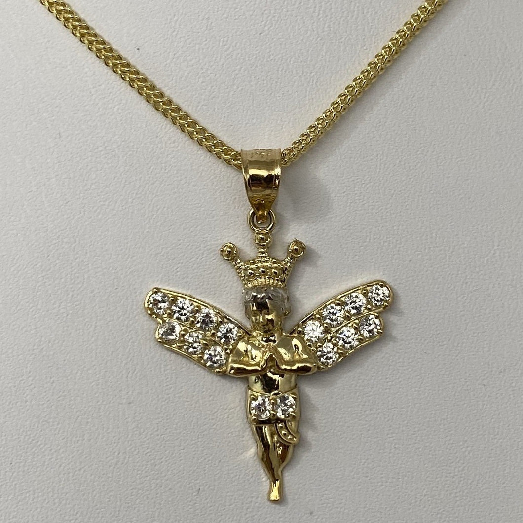 10K Gold Crown Angel Pendant Necklace