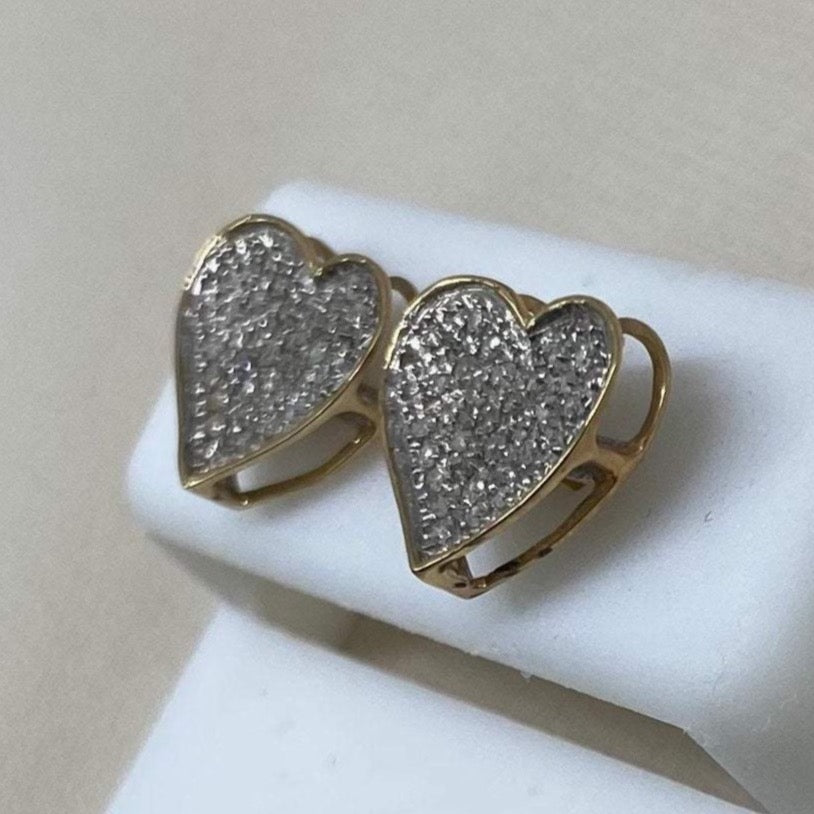 10K Yellow Gold Double Gallery Diamond Heart Studs