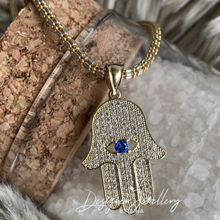 Load image into Gallery viewer, 10K Gold Cubic Zirconia Blue Eye Hamsa Pendant
