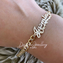 Load image into Gallery viewer, Two Tone Diamond Cut Cursive Font Personalized Name Bracelet with miami cuban link
