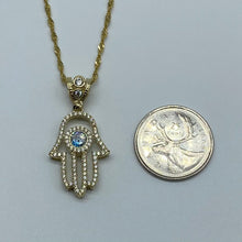 Load image into Gallery viewer, 10K Gold Cubic Zirconia Blue Evil Eye Hamsa Necklace
