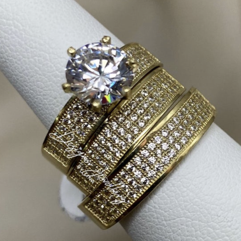 10K Yellow Gold Cubic Zirconia Three Piece Couple Bridal Set