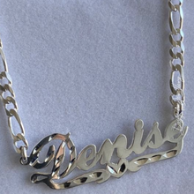 Load image into Gallery viewer, High Polish Half Cut Cursive Font Personalized Name Necklace with Figaro Chain
