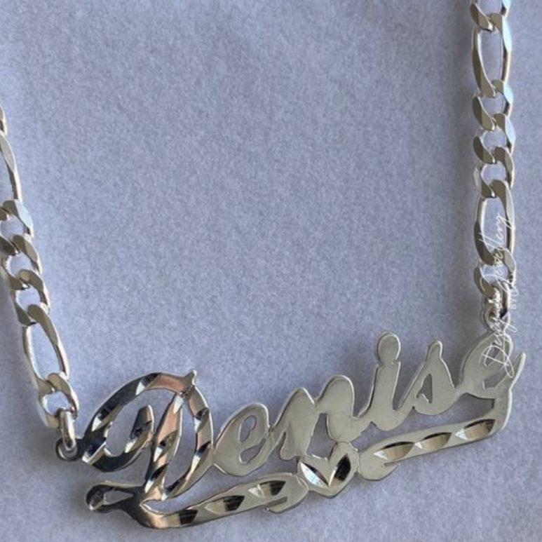 High Polish Half Cut Cursive Font Personalized Name Necklace with Figaro Chain