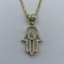 Load image into Gallery viewer, 10K Gold Cubic Zirconia Blue Evil Eye Hamsa Necklace
