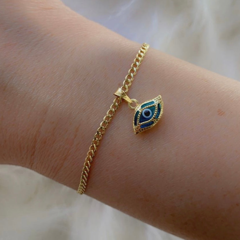 10K Gold Blue Evil Eye Charm Bracelet