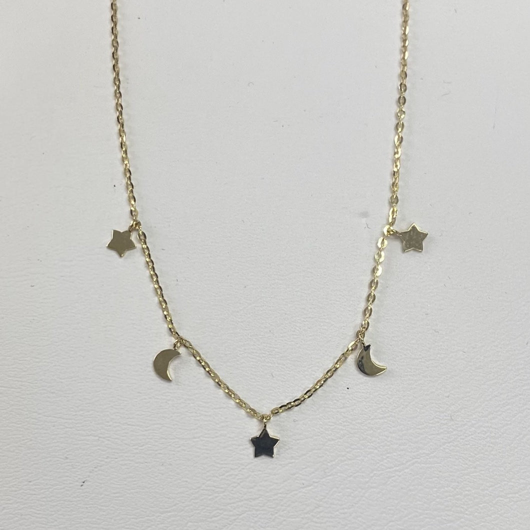 Dainty 10K Yellow Gold Moon and Star Charm Necklace