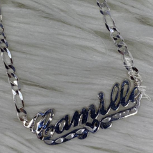 Load image into Gallery viewer, High Polish Half Cut Cursive Font Personalized Name Necklace with Figaro Chain
