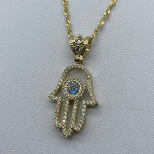 Load image into Gallery viewer, 10K Gold Cubic Zirconia Blue Evil Eye Hamsa Necklace
