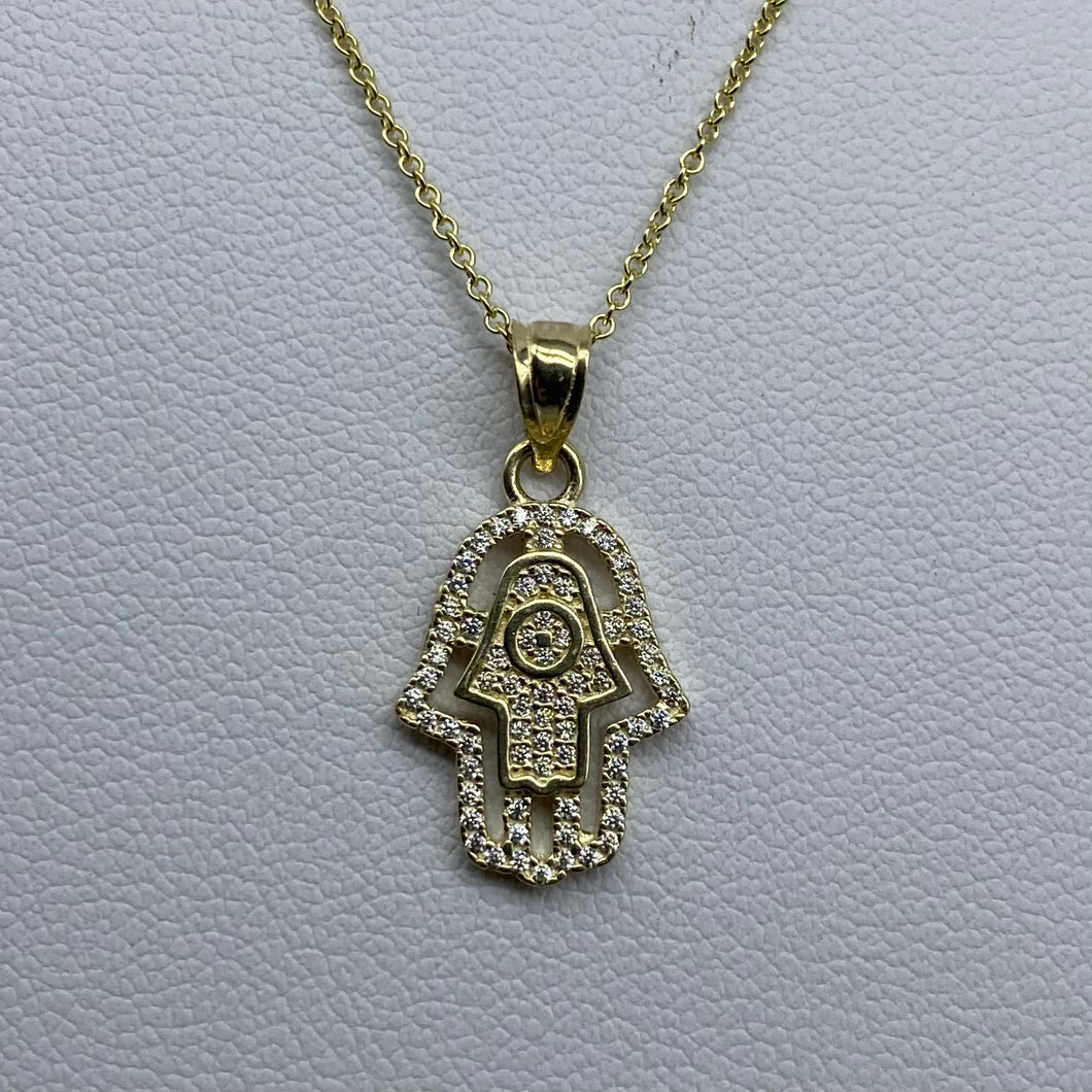 10K Gold Micro Cubic Zirconia Hamsa Necklace