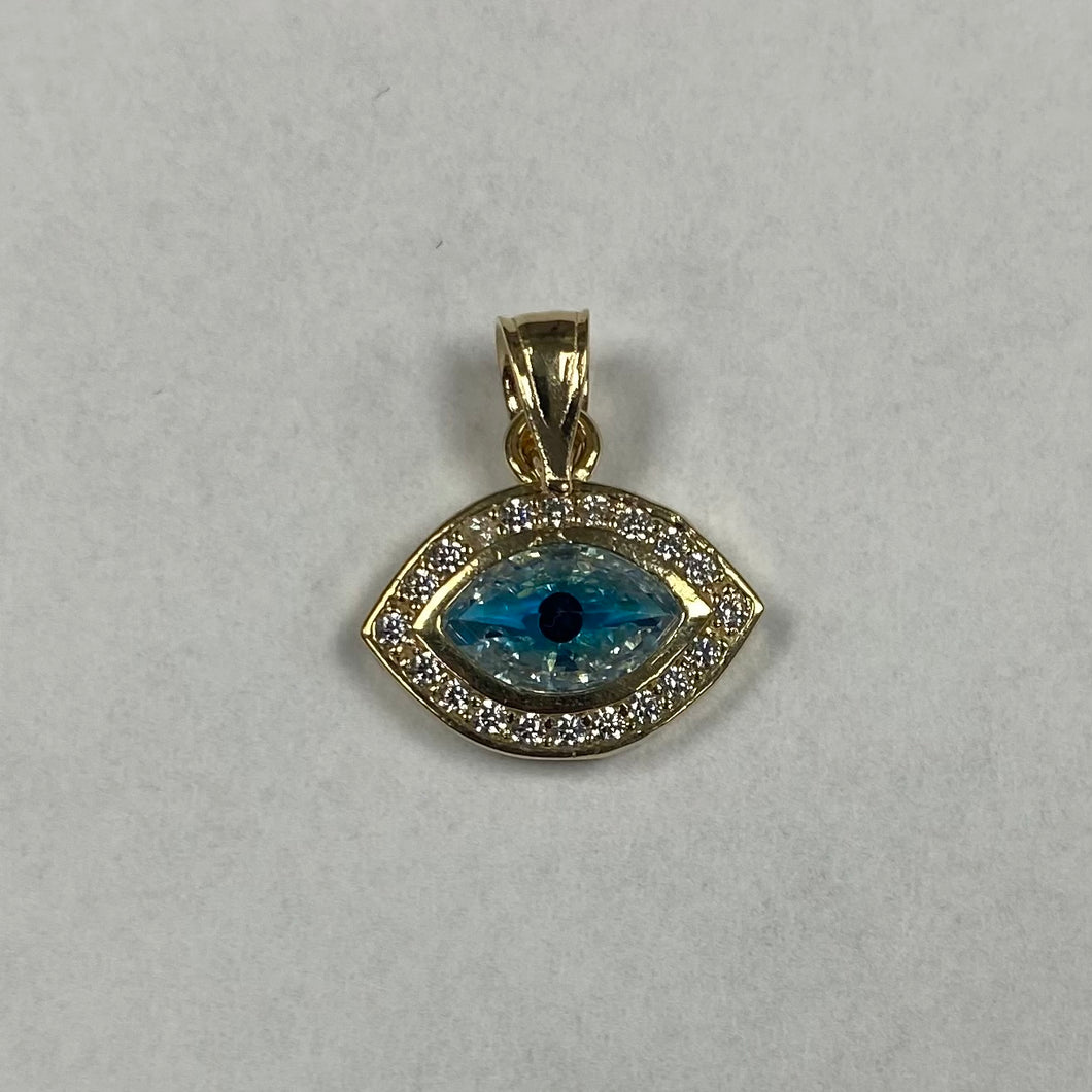 10K Gold Aqua Blue Evil Eye Pendant