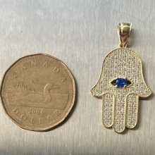 Load image into Gallery viewer, 10K Gold Cubic Zirconia Blue Eye Hamsa Pendant
