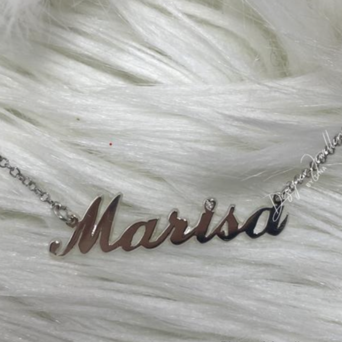 Diamond Starlet High Polish Cursive Font Personalized Name Necklace with Rolo Chain